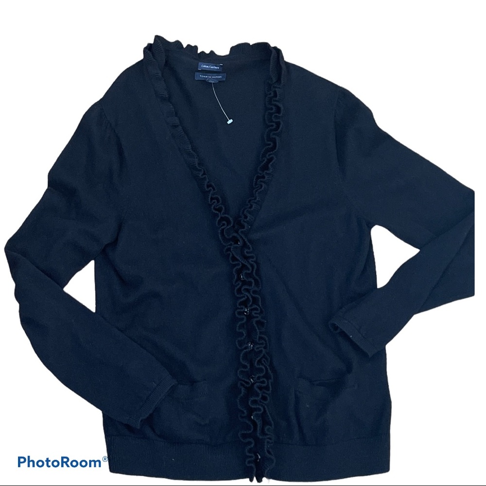 TOMMY HILFIGER black cotton/cashmere blend ruffle cardigan woman’s size xl